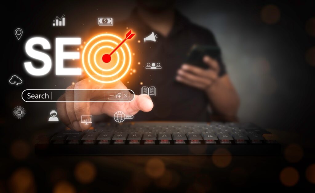 Man touch AI, SEO icon on websites to rank search engines. Search with Ai assistant, search on virtual screen. Artificial Intelligence data technology. SEO Search Engine Optimization concept.