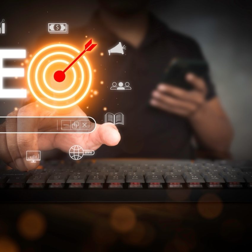 Man touch AI, SEO icon on websites to rank search engines. Search with Ai assistant, search on virtual screen. Artificial Intelligence data technology. SEO Search Engine Optimization concept.