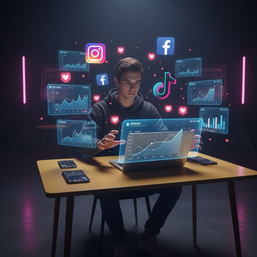 Young man working at a desk with a laptop in a modern, dimly lit creative workspace.