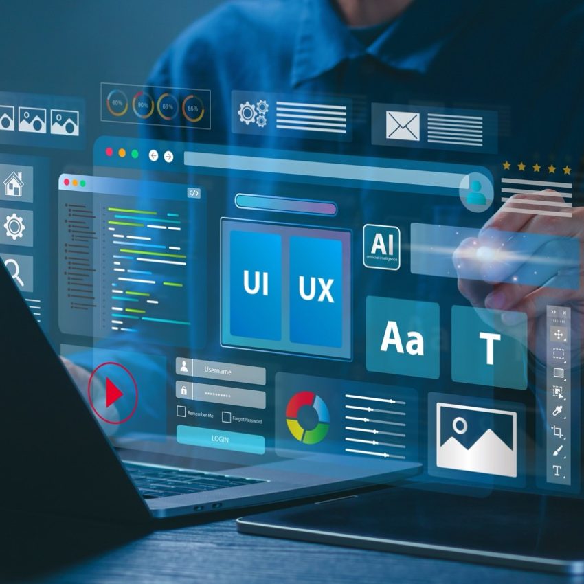 Web UI-UX design, web development concept. A web developer works on a website, surrounded by holographic displays of code, icons, and data visualizations. Web design, application design, coding.